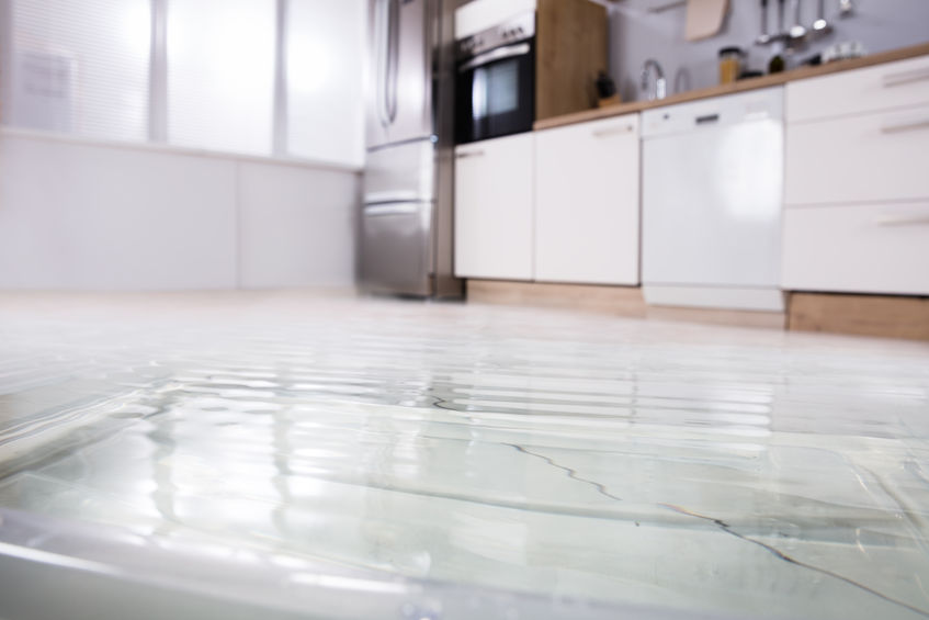 close-up photo of flooded floor in kitchen from water leak