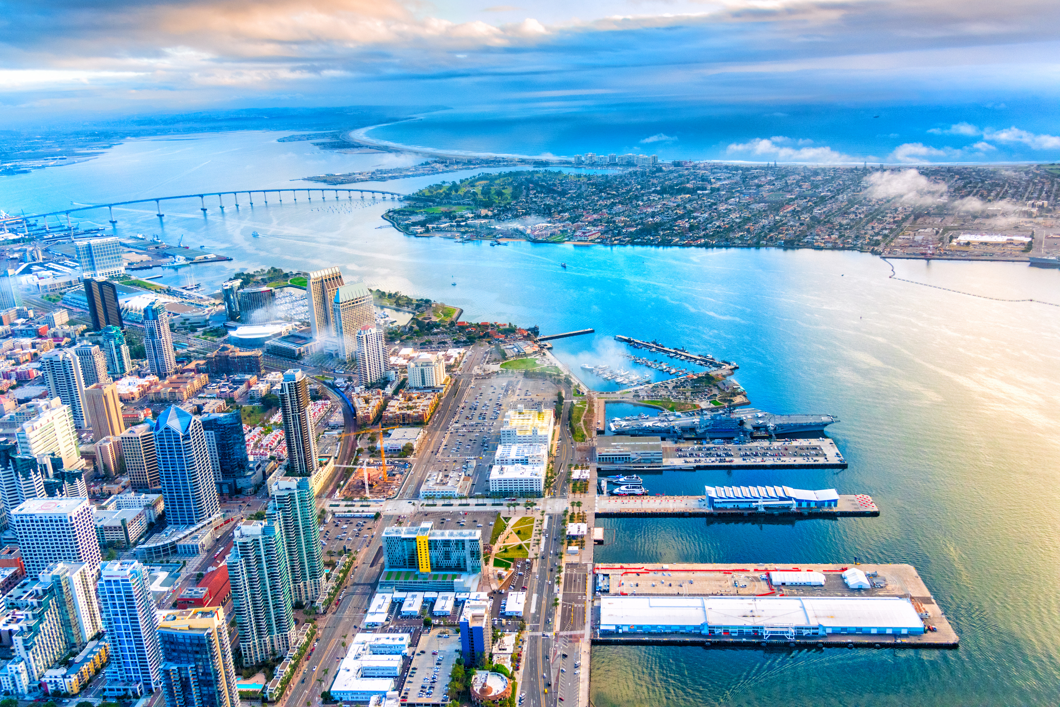 The downtown district of San Diego, California shot after a storm near sunset via helicopter from an altitude of approximately 2000 feet.